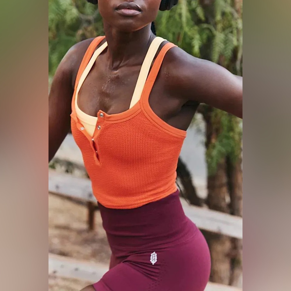 Free People Orange Ribbed Tank with Peach Straps